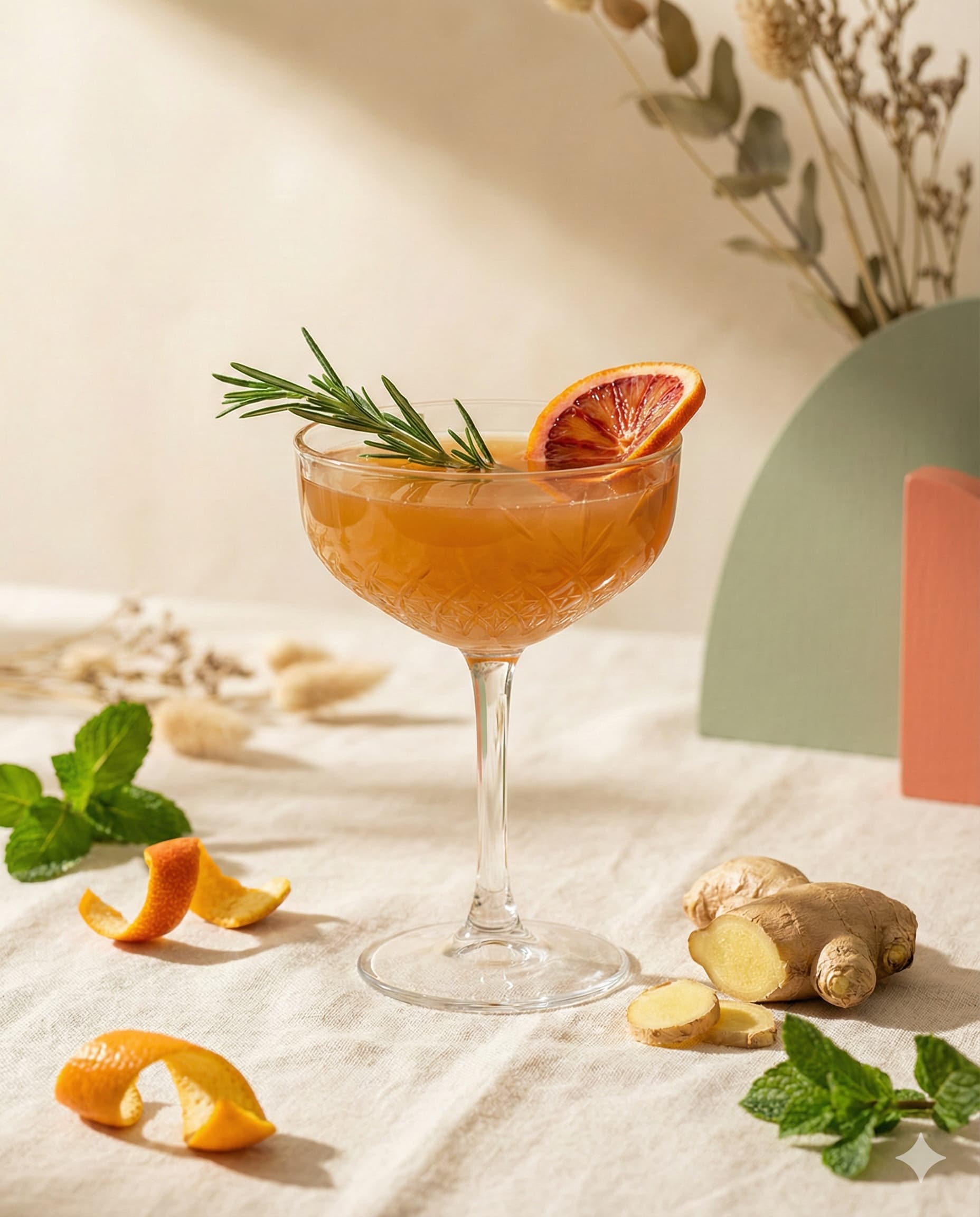 Elegant mocktail in a crystal coupe glass with rosemary and blood orange